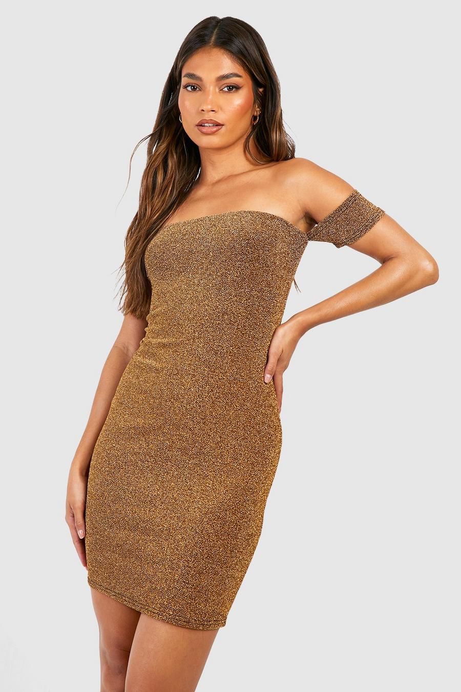 Gold Glitter Off The Shoulder Mini Dress
