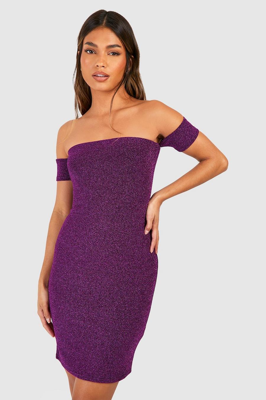 Purple Glitter Off The Shoulder Mini Dress image number 1