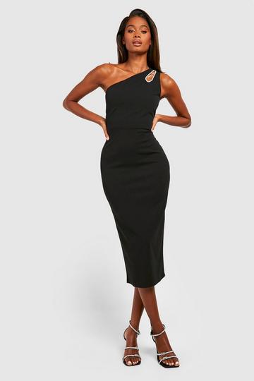 Diamante Trim One Shoulder Midi Dress black