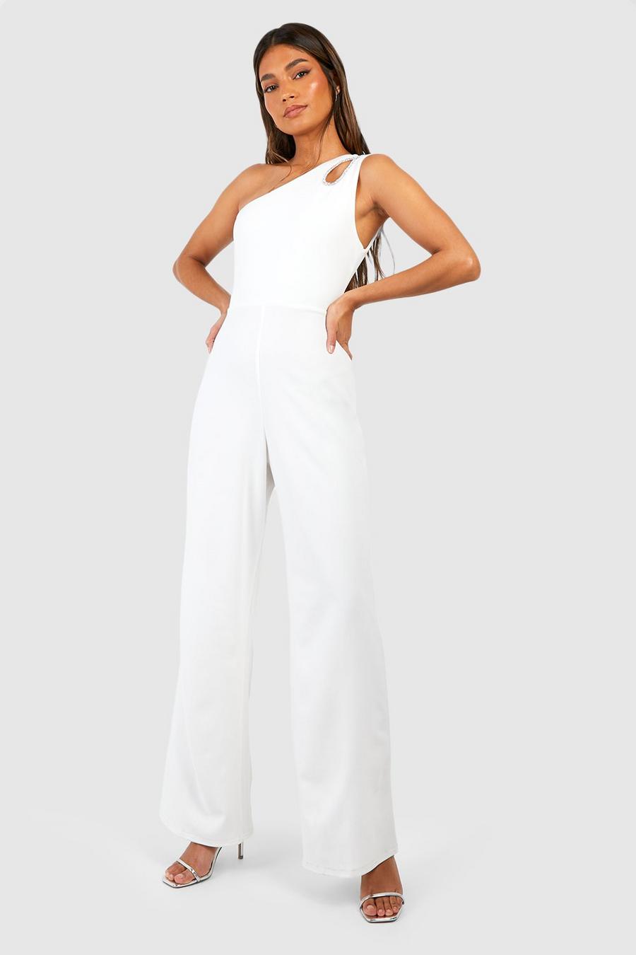 White Rhinestone Trim Cut Out Wide Leg Jumpsuit image number 1
