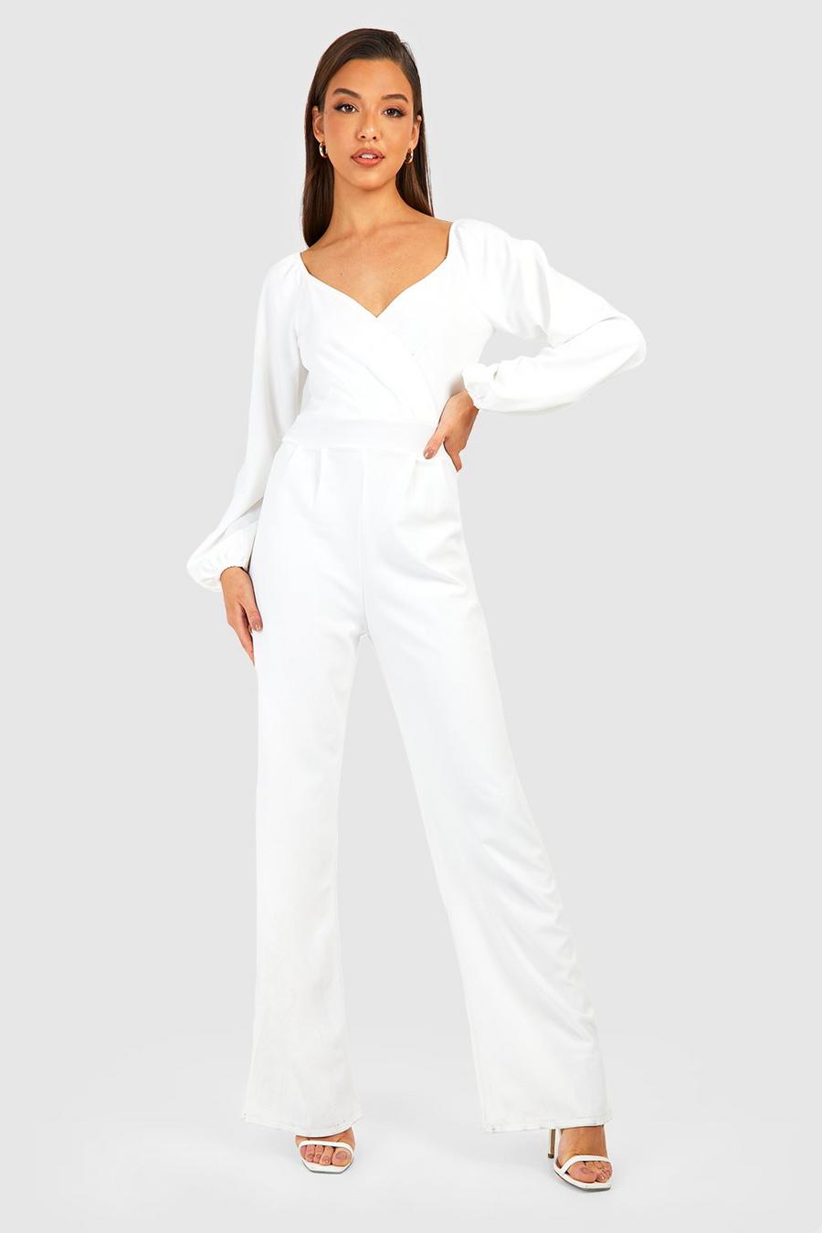 Ivory Wrap Puff Sleeve Wide Leg Jumpsuit image number 1