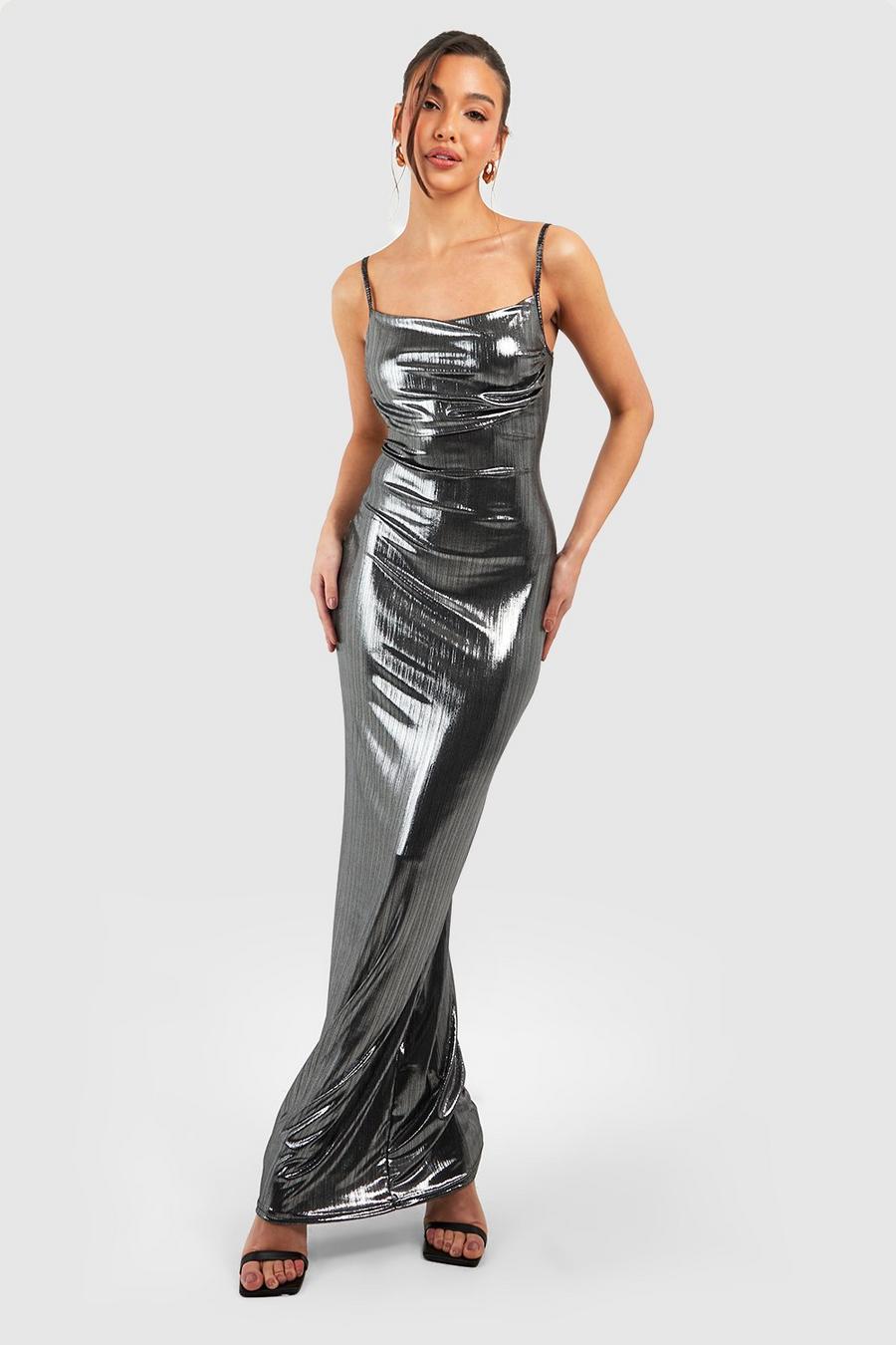 Shining Just For You Silver Metallic Cowl Neck Maxi Dress