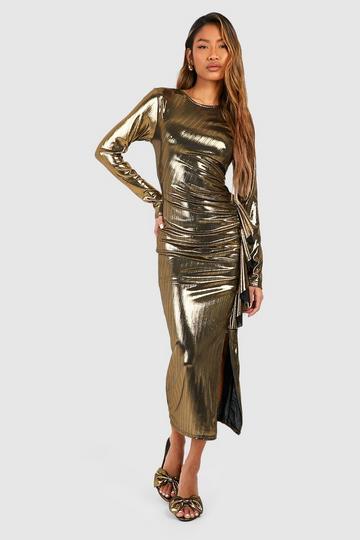 Metallic Long Sleeve Frill Ruched Midi Dress gold