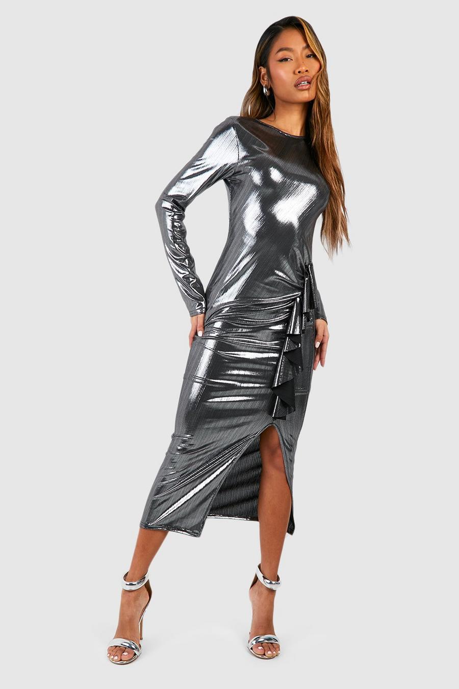 Silver Metallic Long Sleeve Frill Ruched Midi Dress