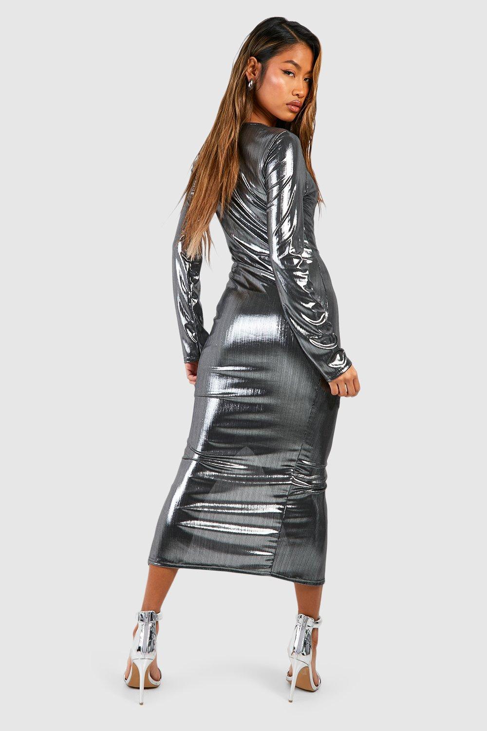 Silver long hotsell sleeve midi dress