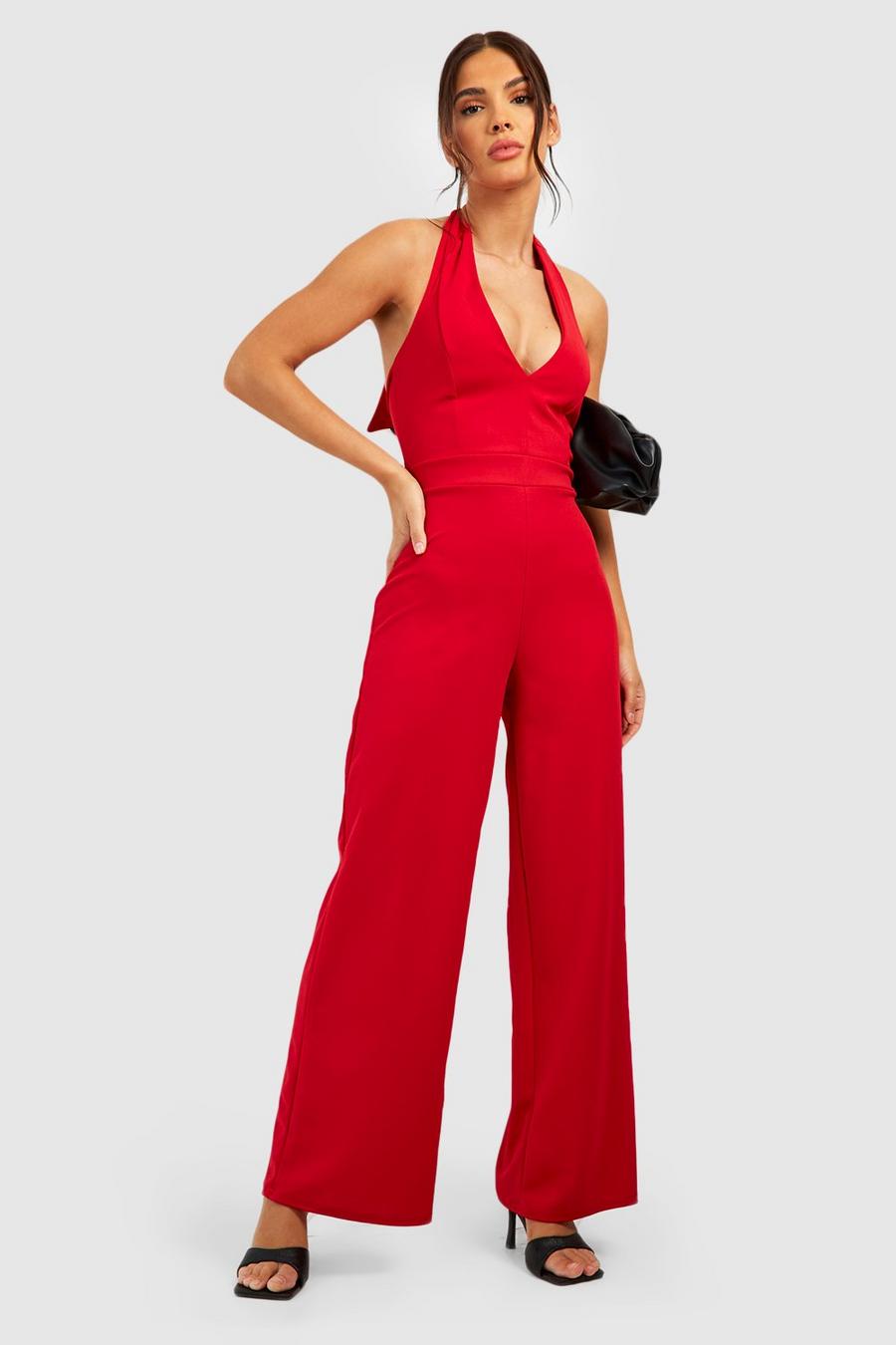 Red Tie Neck Tailored Jumpsuit