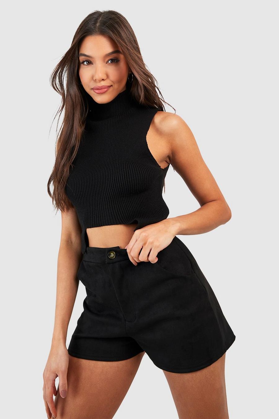 Black Scuba Suede High Waisted Shorts image number 1