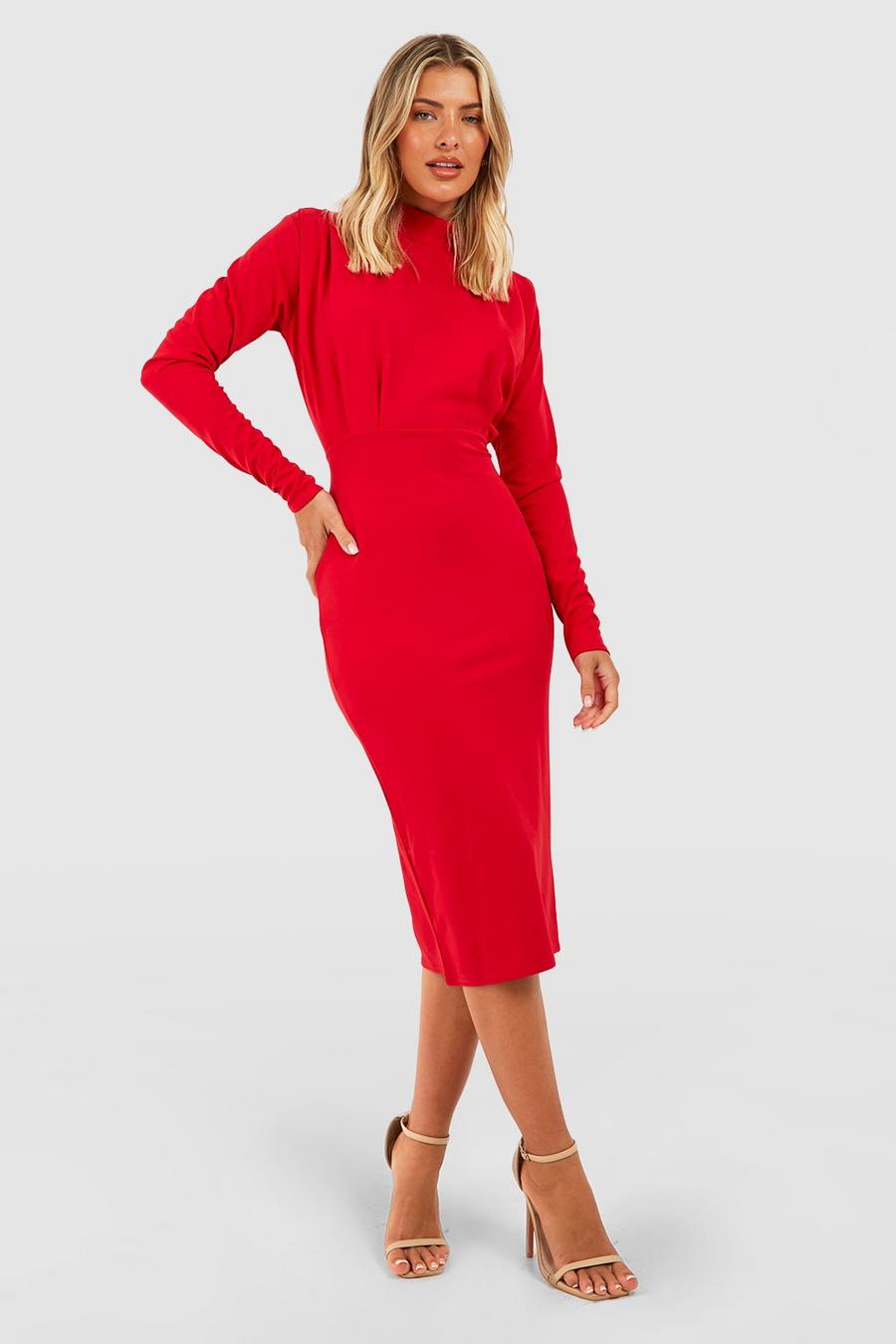 Red rosso Pleat Detail High Neck Midi Dress