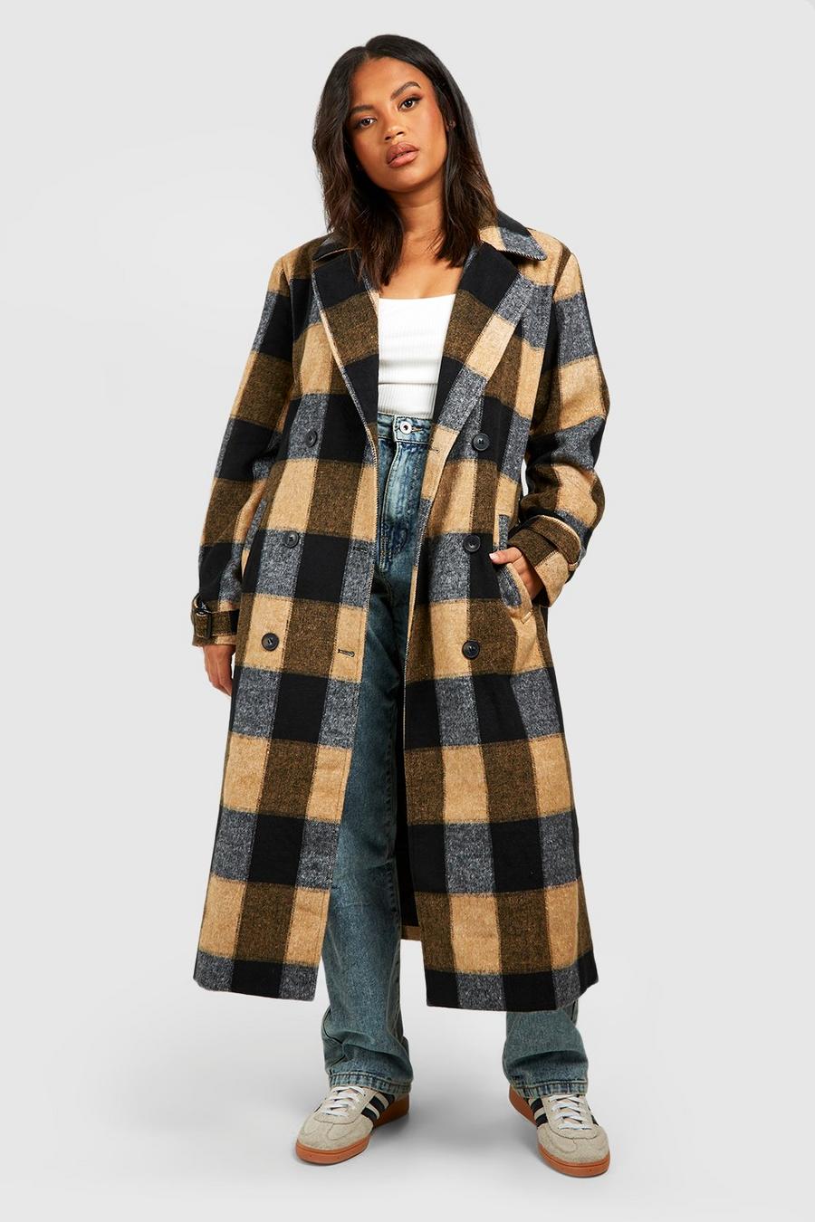 Grande taille - Manteau brossé effet laine à carreaux, Beige
