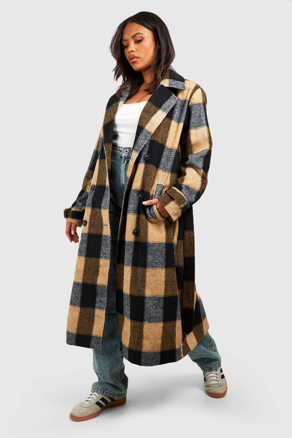 Grande taille - Manteau brossé effet laine à carreaux