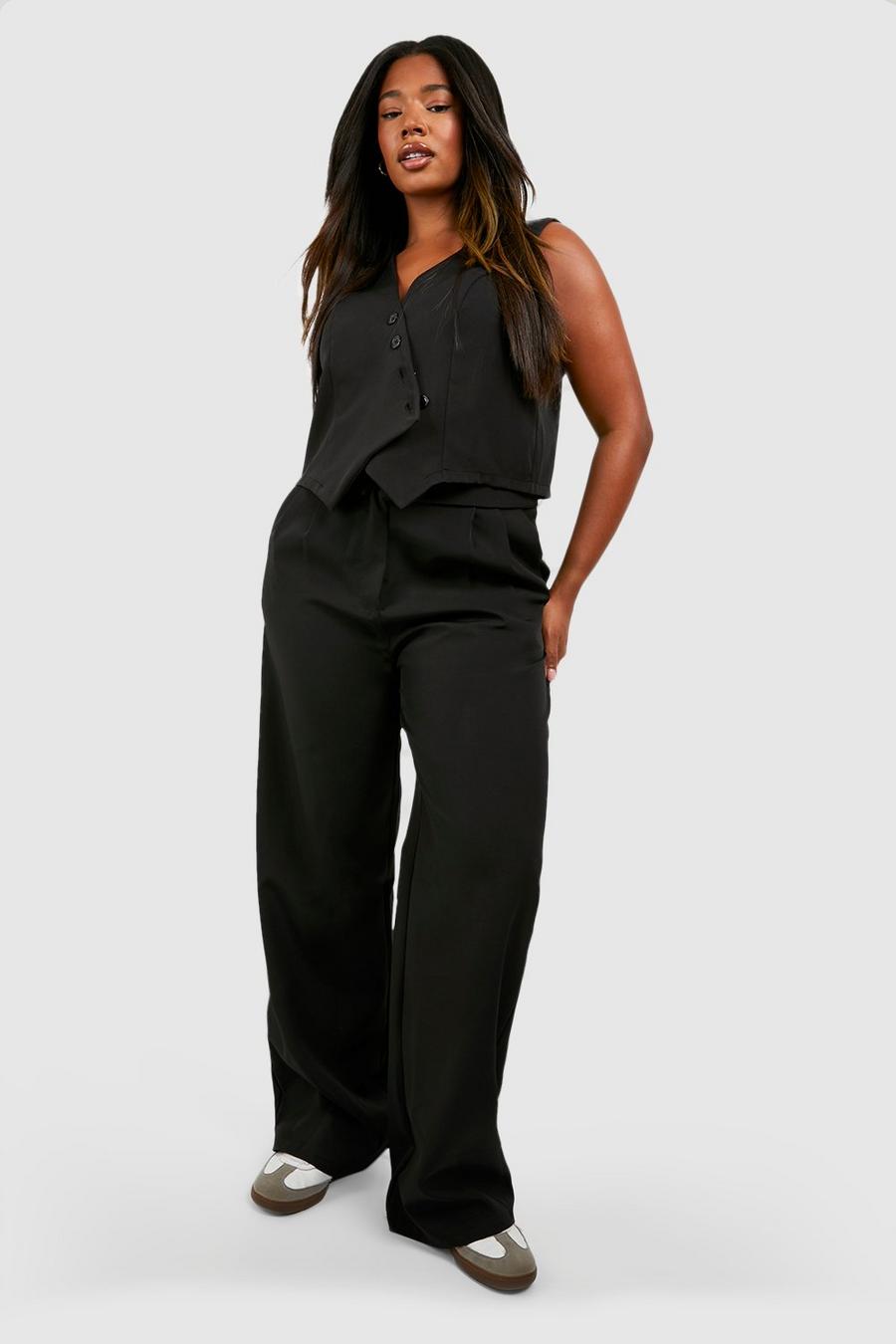 Black Plus Woven Fold Over Detail Wide Leg Trousers