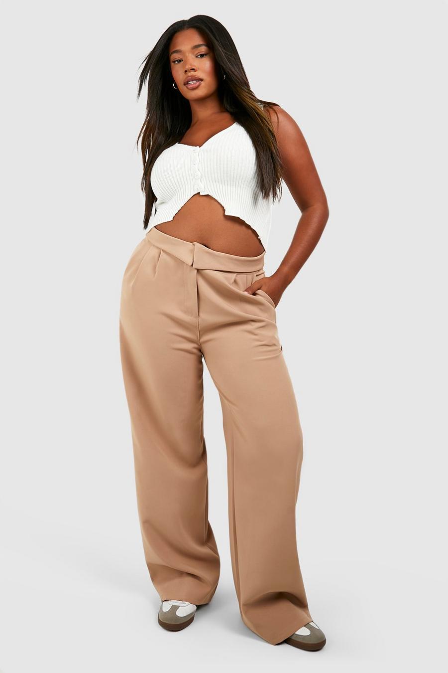 Taupe Plus Woven Fold Over Detail Wide Leg Trousers
