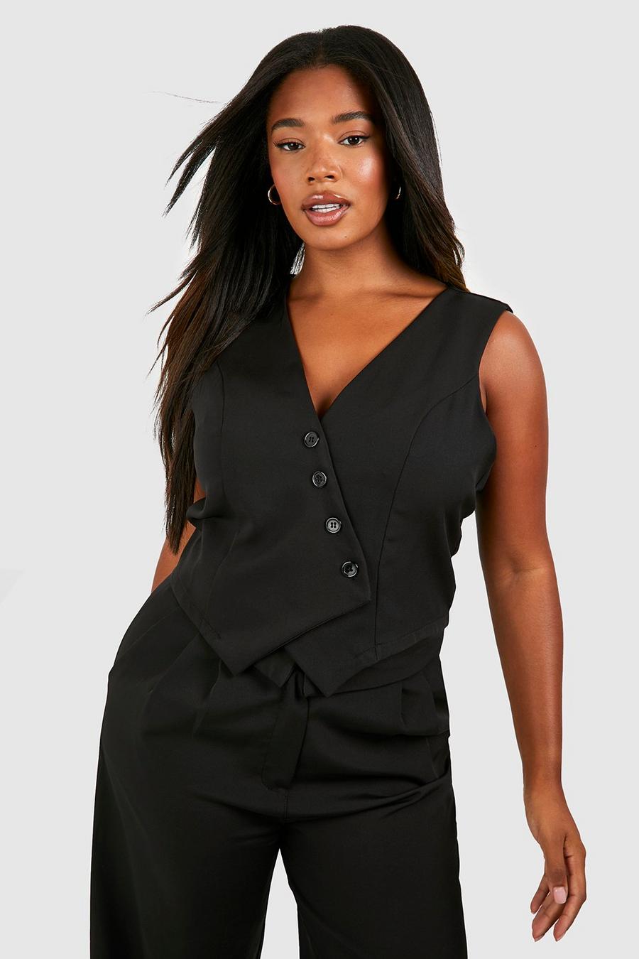 Black negro Plus Woven Button Detail Asymmetric Waistcoat 