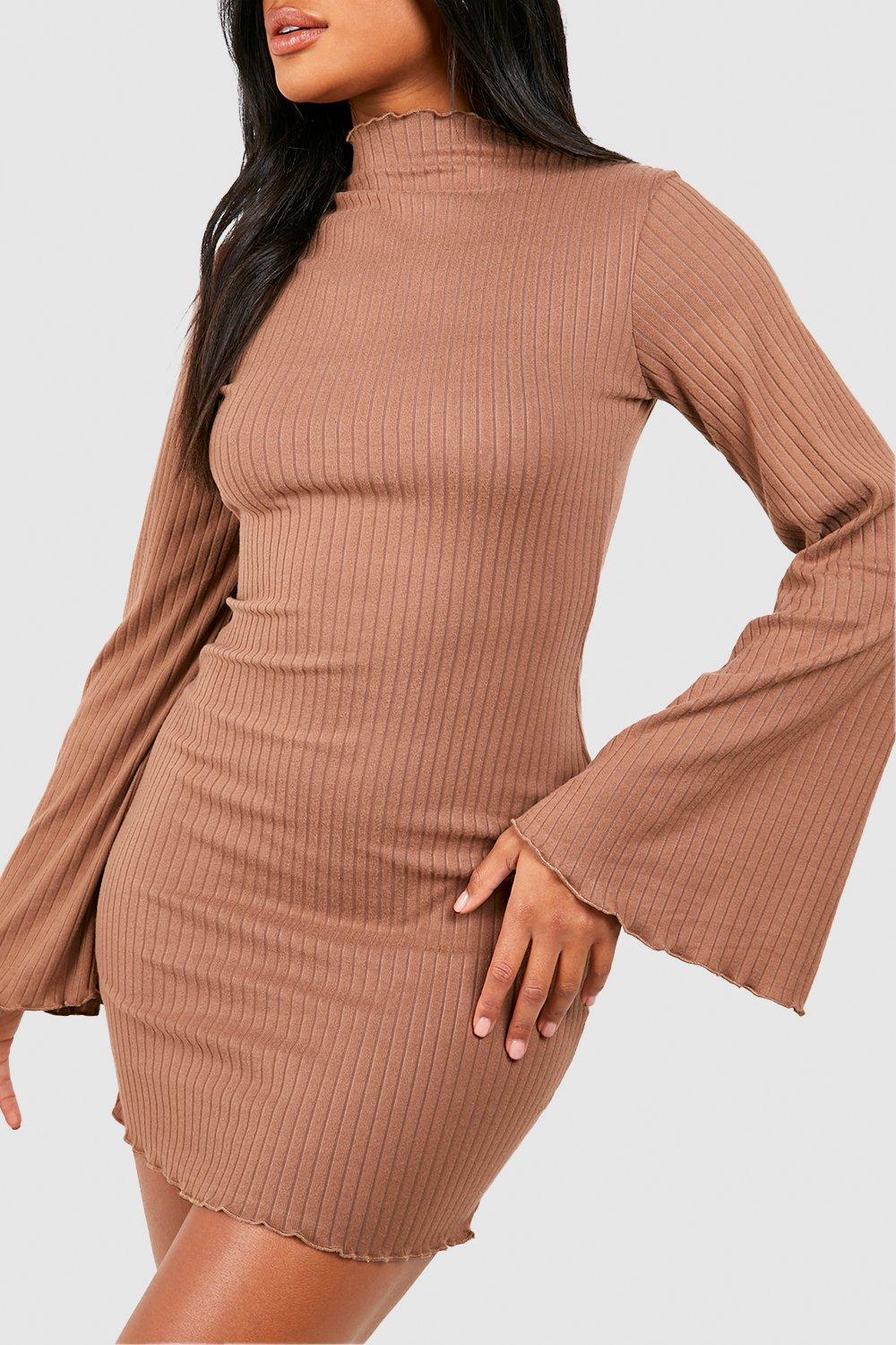 Soft Rib Lettuce Hem Flare Sleeve Mini Dress