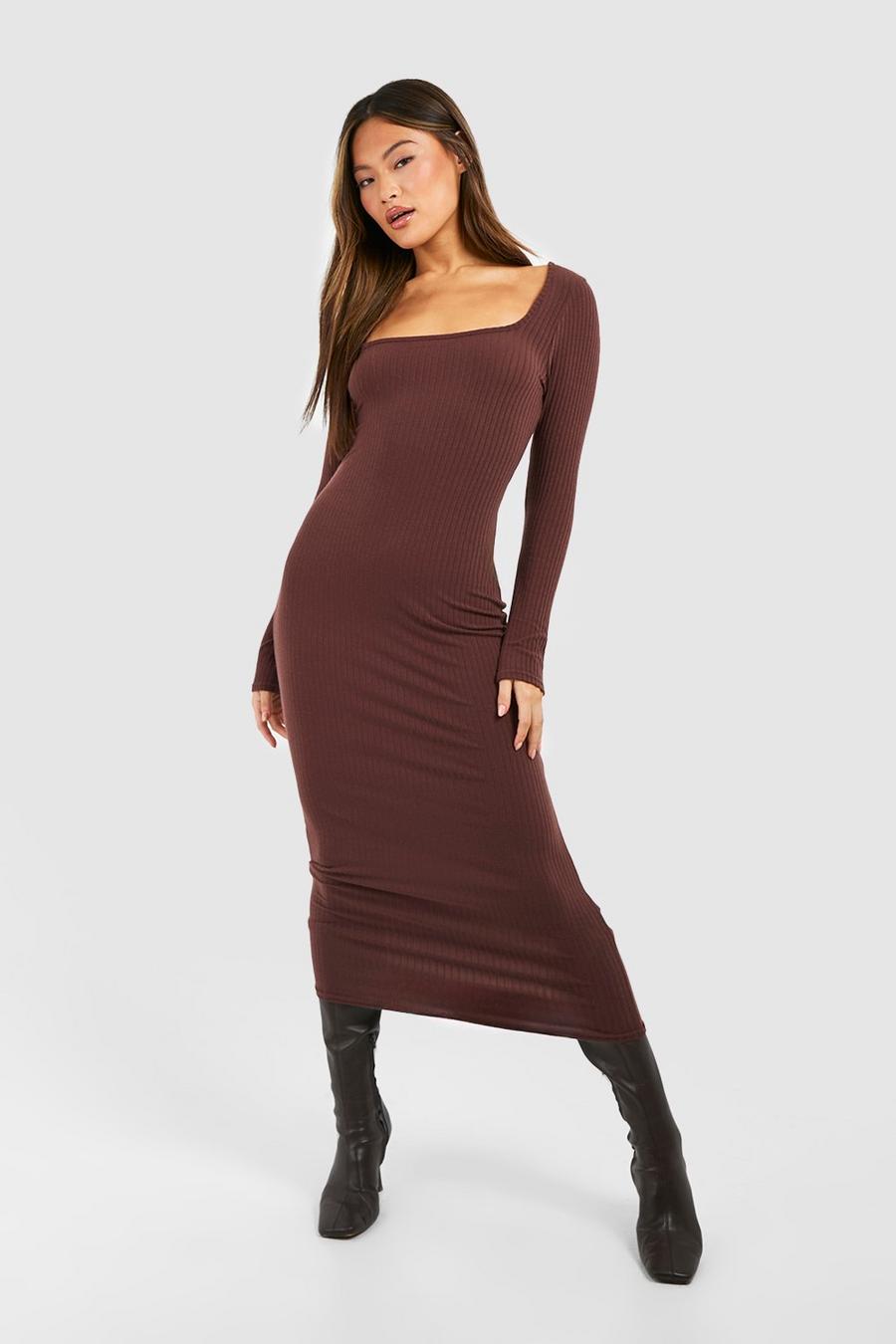 Chocolate Soft Rib Square Neck Midaxi Dress these image number 1