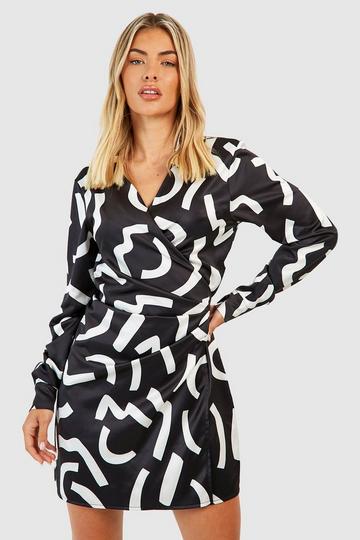 Black Mono Abstract Wrap Shirt Dress