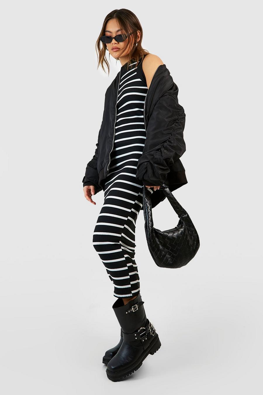 Black Stripe Rib Sleevless Midi Dress image number 1