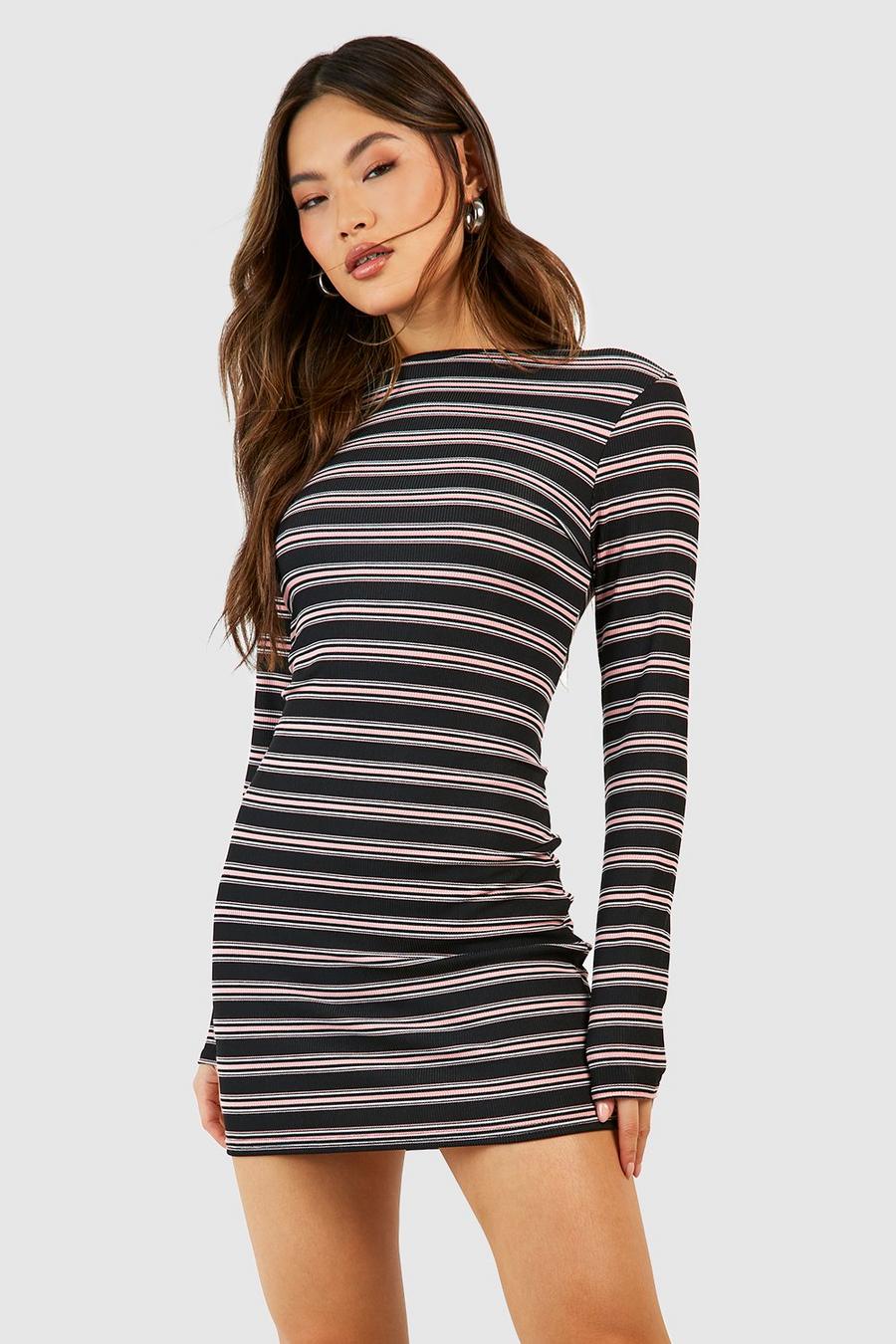 Black Stripe Rib Long Sleeve Mini Dress image number 1
