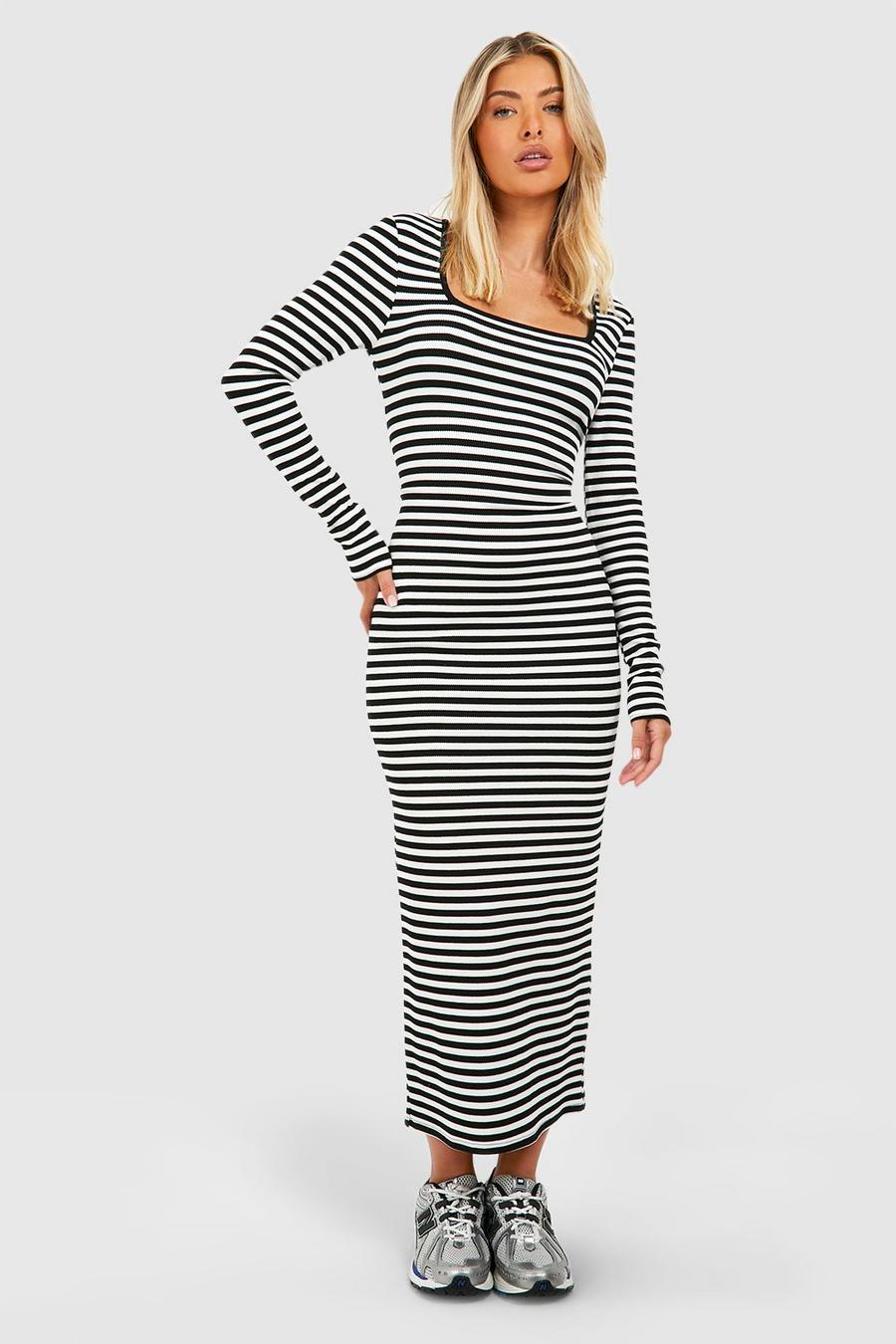 Black Stripe Rib Long Sleeve Midaxi Dress image number 1