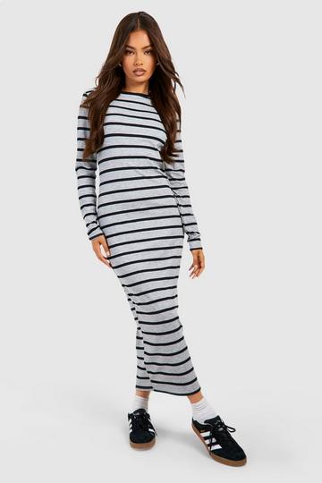 Stripe Rib Long Sleeve Midaxi Dress grey