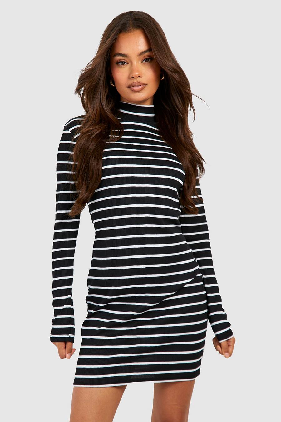 Black Stripe Rib High Neck Midi Dress image number 1