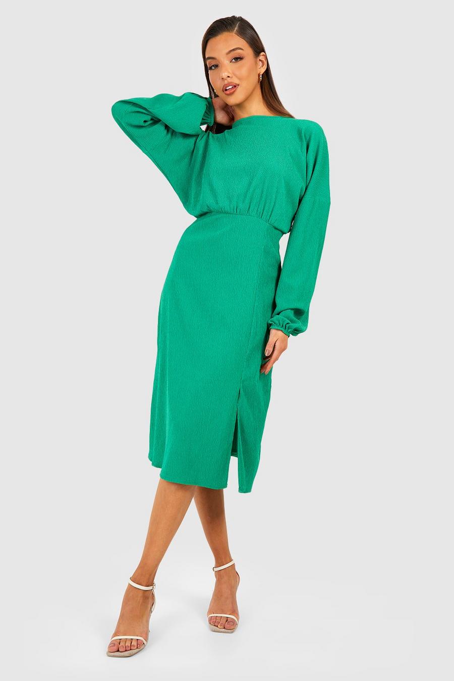 Green Textured Blouson Sleeve Skater Dress