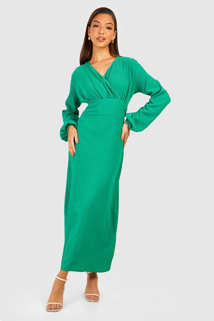 Green Textured Drape Blouson Sleeve Wrap Dress image number 1