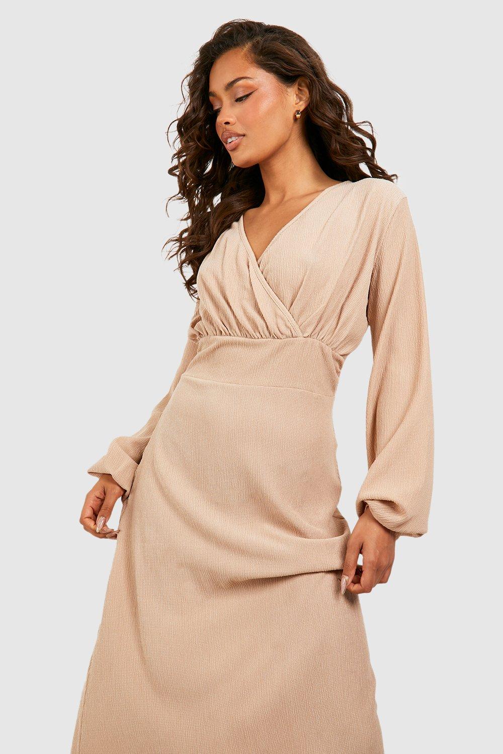 Textured Drape Blouson Sleeve Wrap Dress