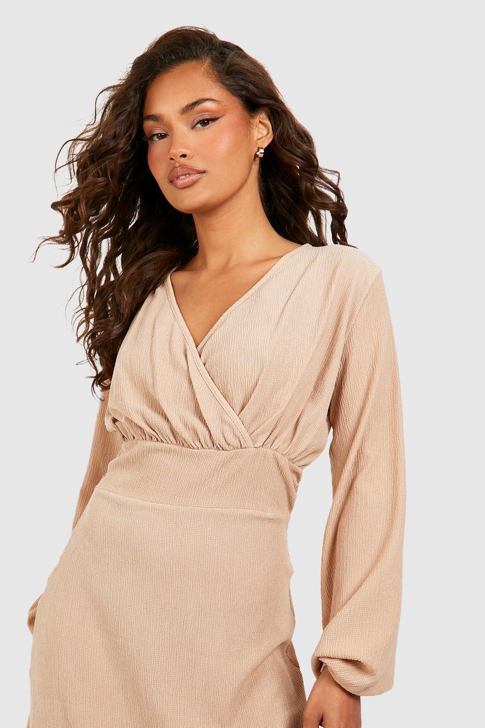 Textured Drape Blouson Sleeve Wrap Dress