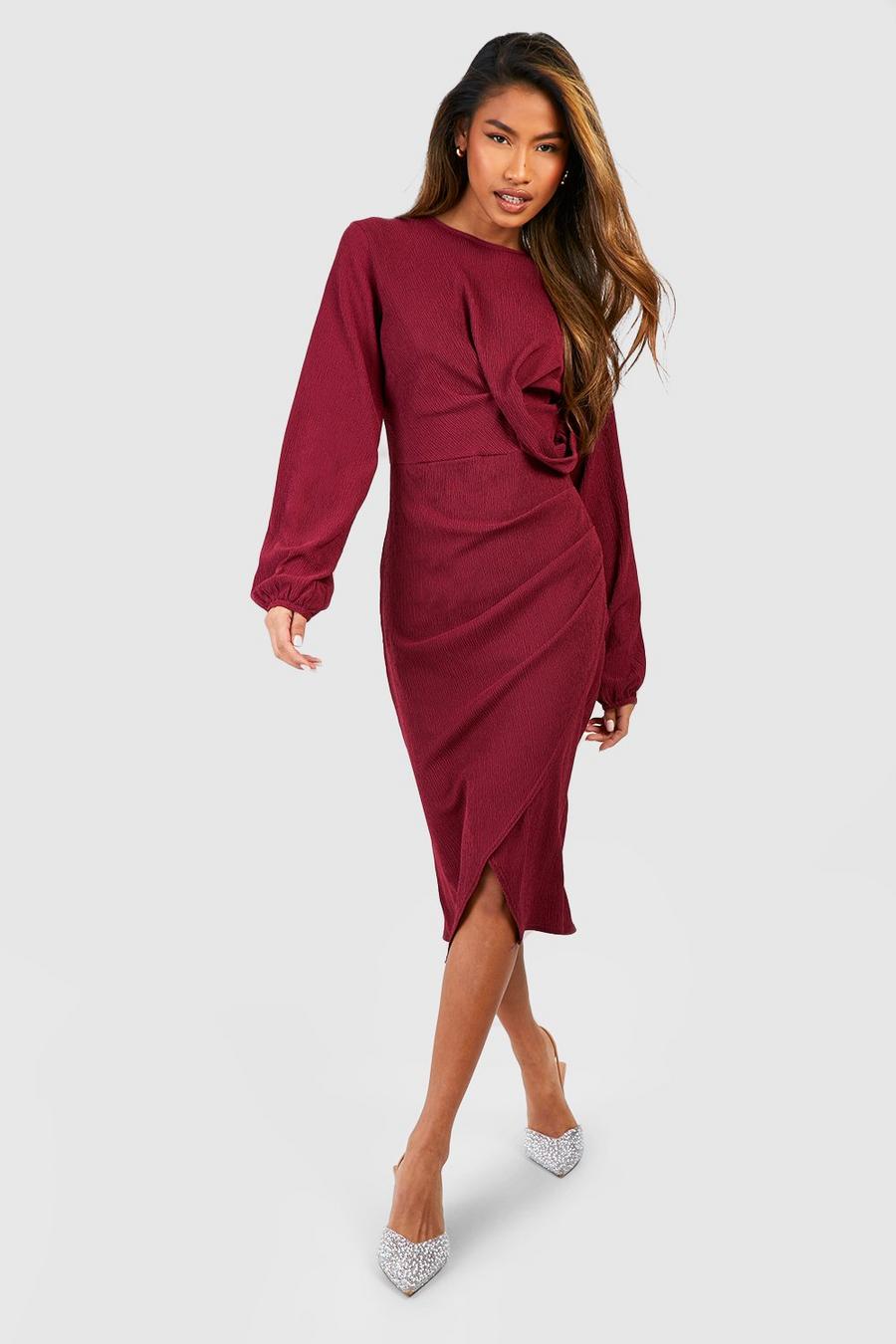 Berry Textured Drape Puff Sleeve Wrap Dress image number 1