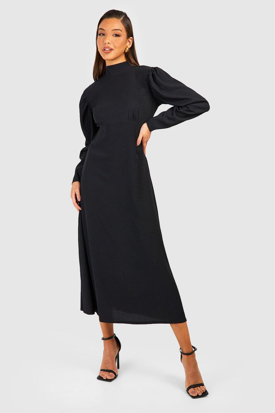 Black Textured Volume Puff Sleeve Midi Dress