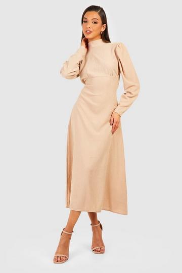 Stone Beige Textured Volume Puff Sleeve Midaxi Dress