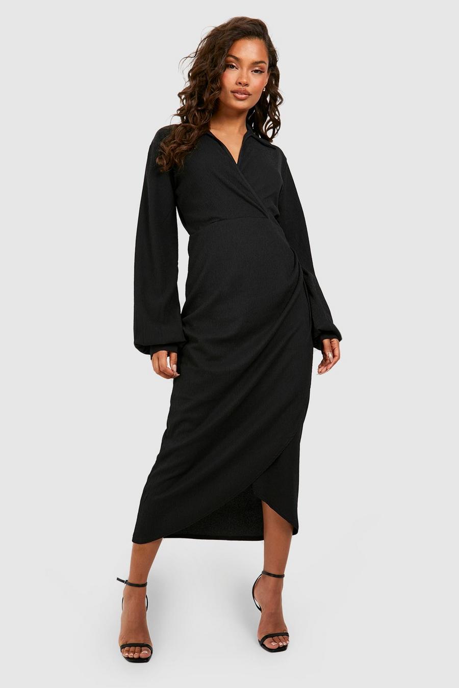 Vestido camisero texturizado cruzado con mangas bombachas, Black image number 1