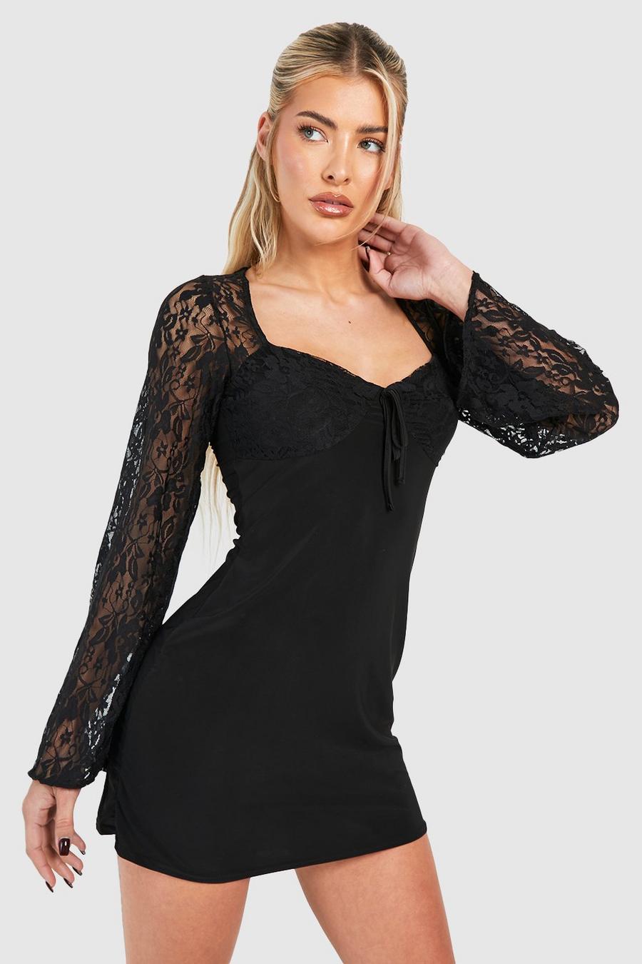 Black Lace Contrast Skater Dress image number 1