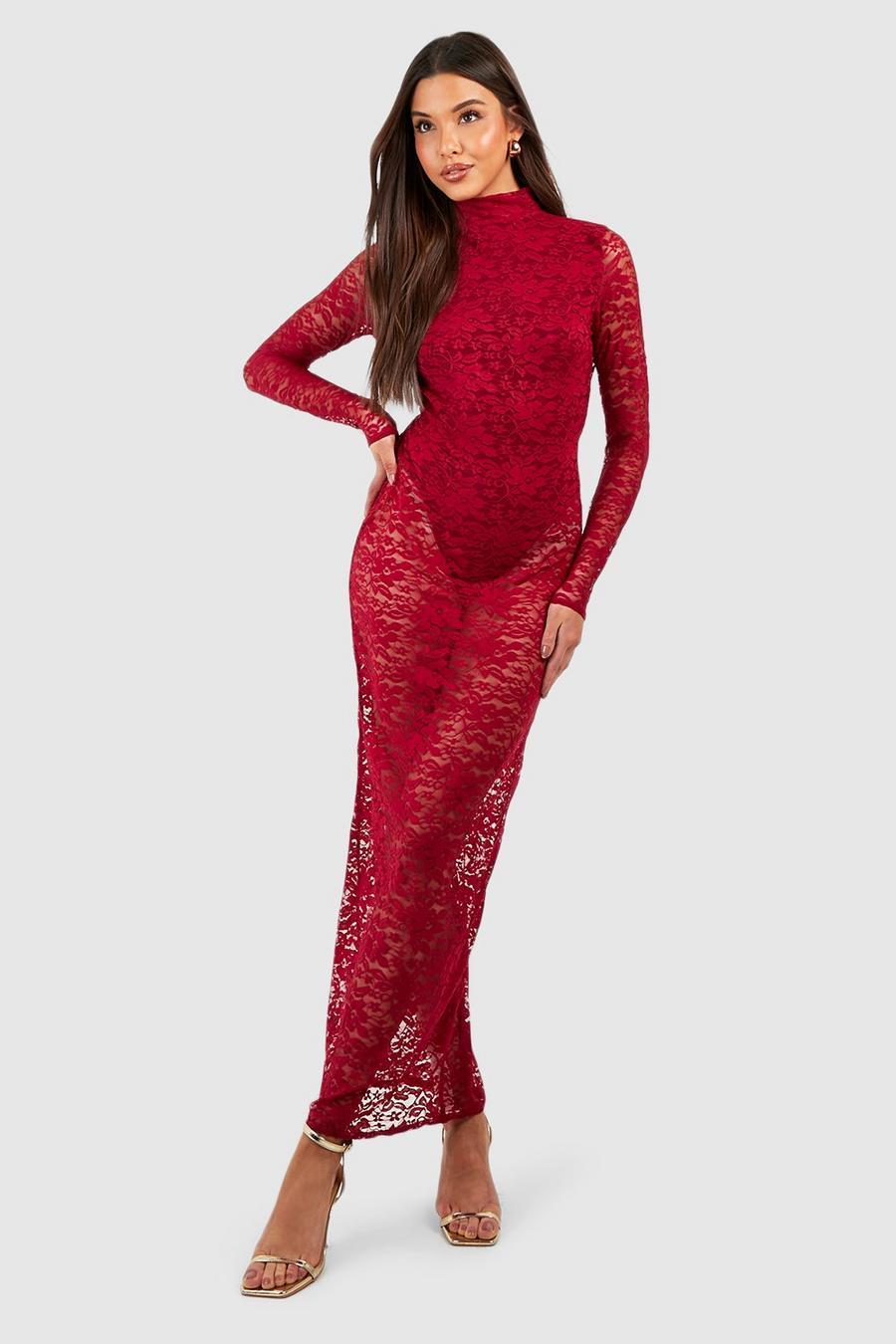 Berry rojo Lace High Neck Backless Maxi Dress