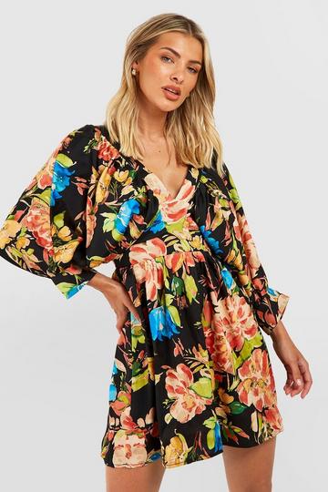 Floral Batwing Smock Dress black