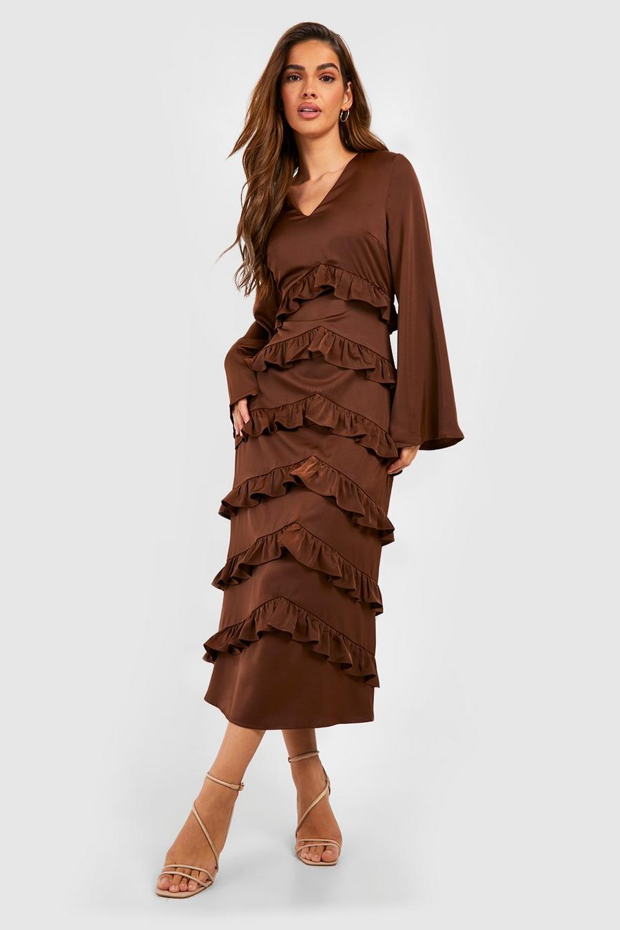 Vestito longuette in chiffon con arricciature e balze, Chocolate