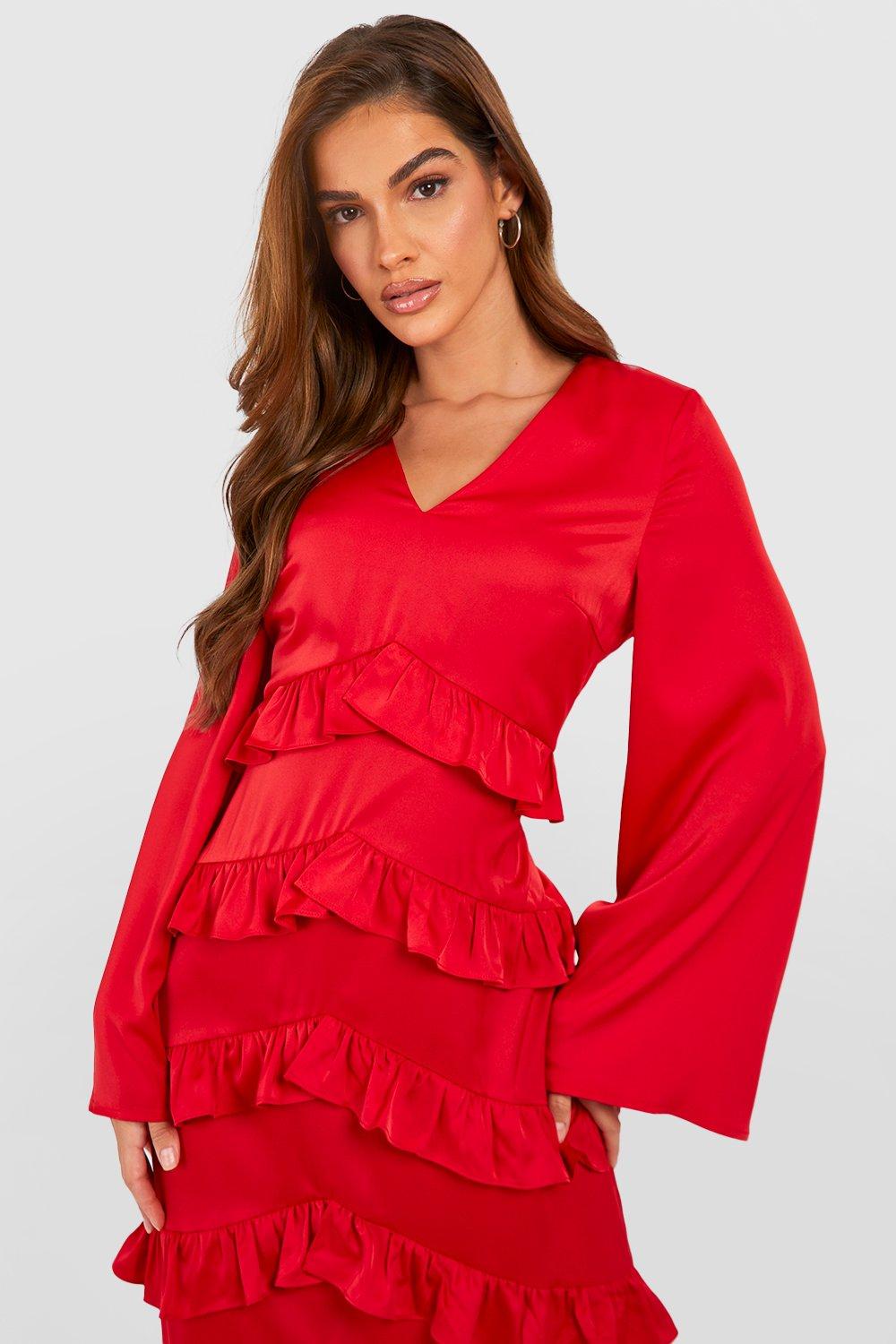 Boohoo red ruffle dress sale