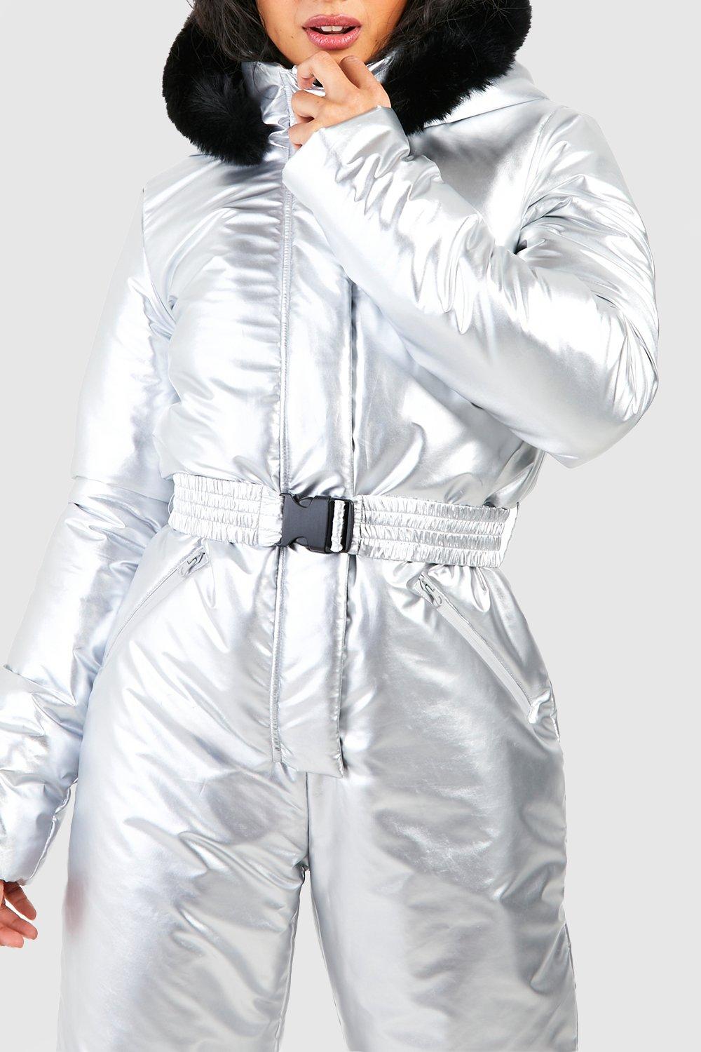 Custom Jumpsuit Women Silver Ski Outfit Eco Fur Snow Suit Made to