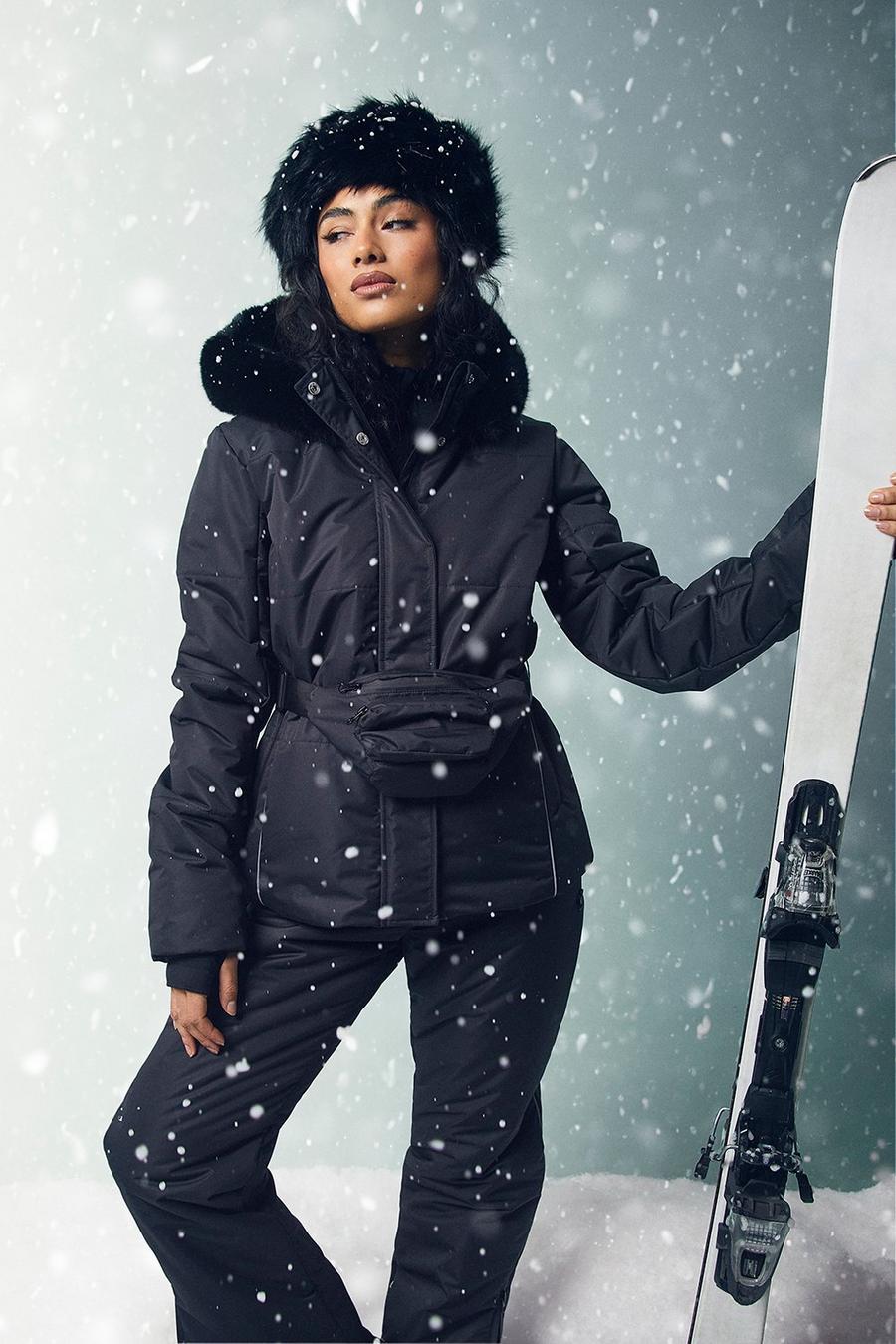 Black noir Faux Fur Trim Ski Jacket With Matching Bag