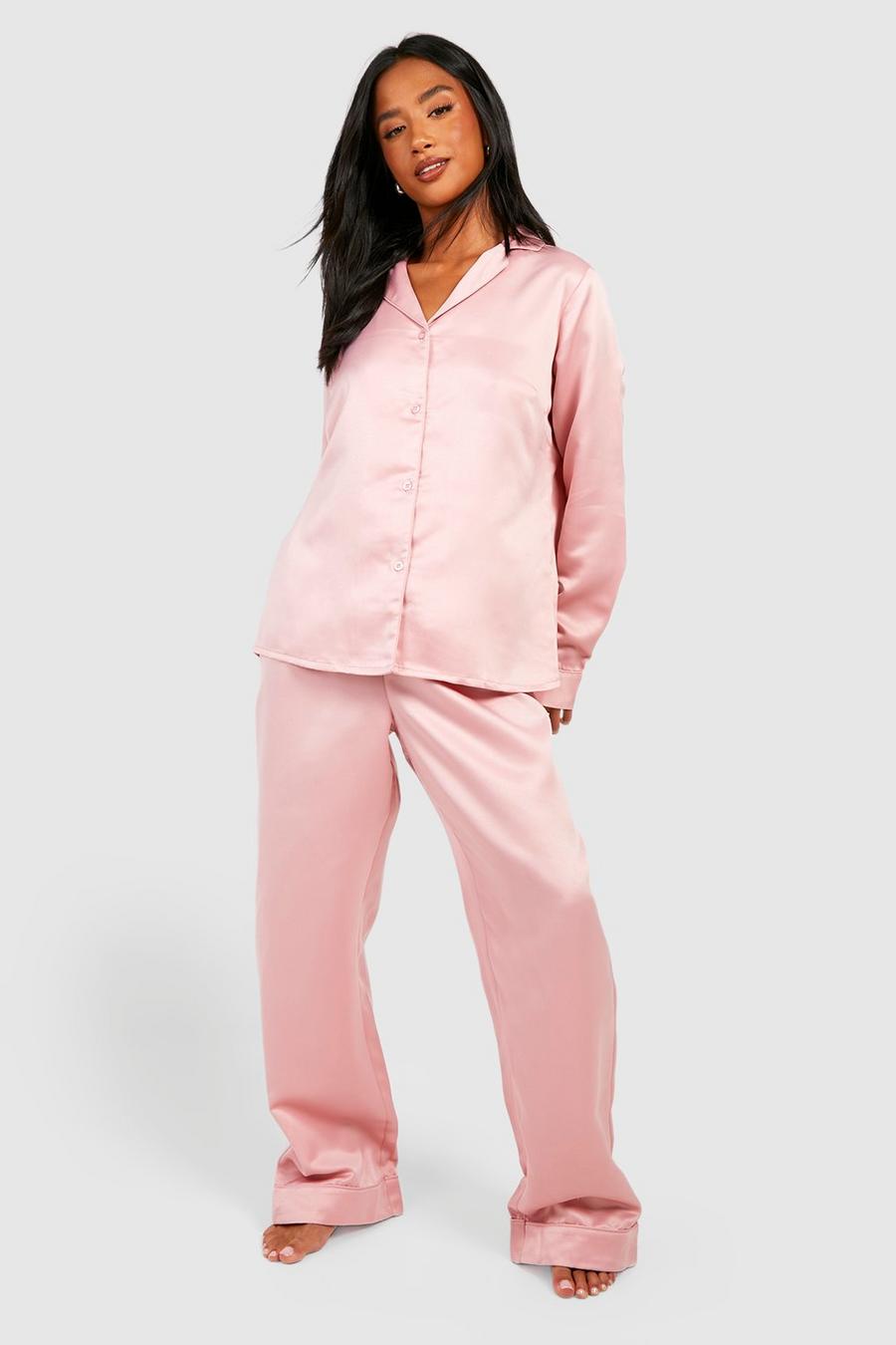 Baby pink Petite Satin Button Up Pyjama Set  