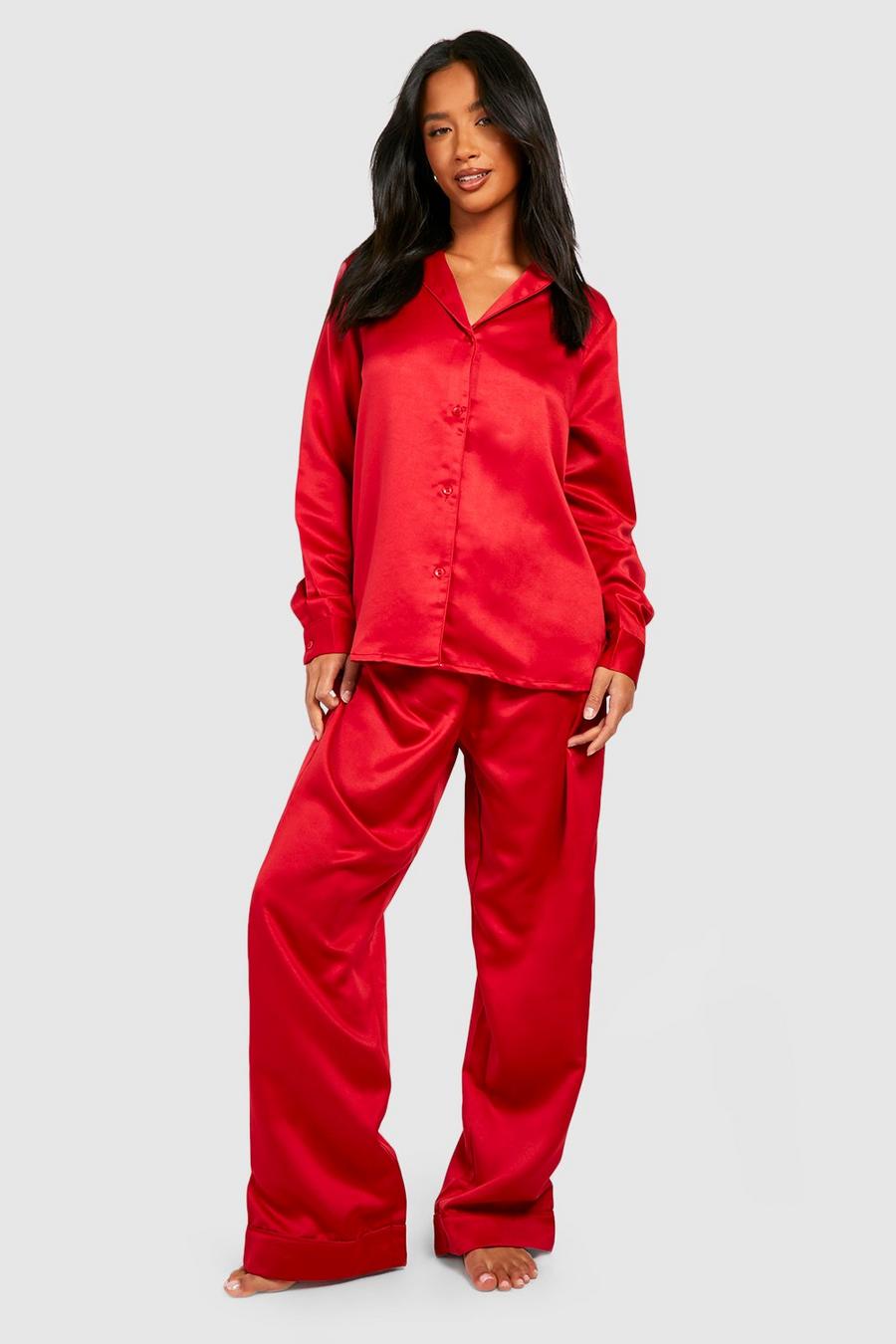 Red Petite Satin Button Up Pajama Set image number 1