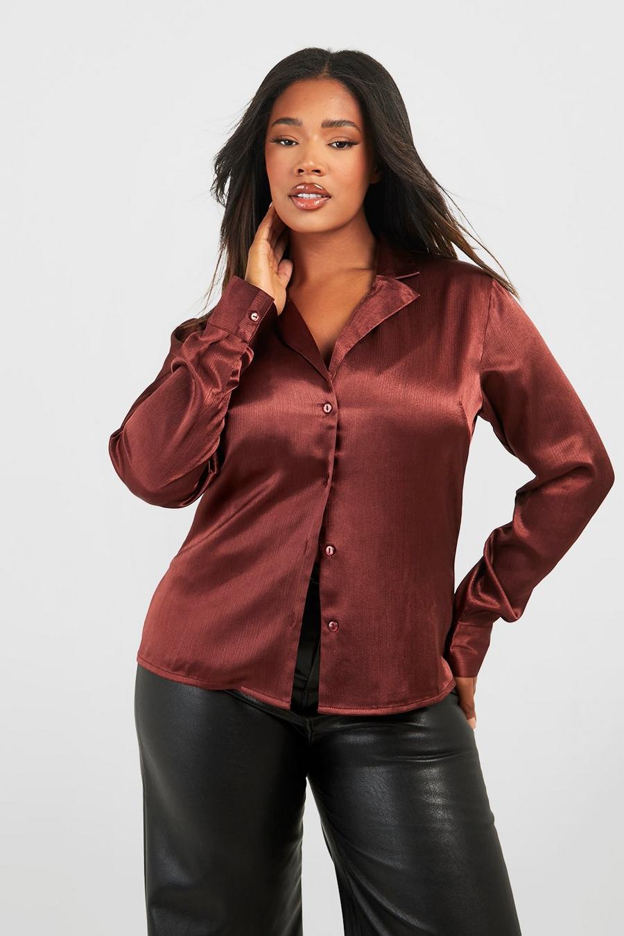 Women's Chocolate Plus Button Front Textured Satin Shirt | Boohoo UK