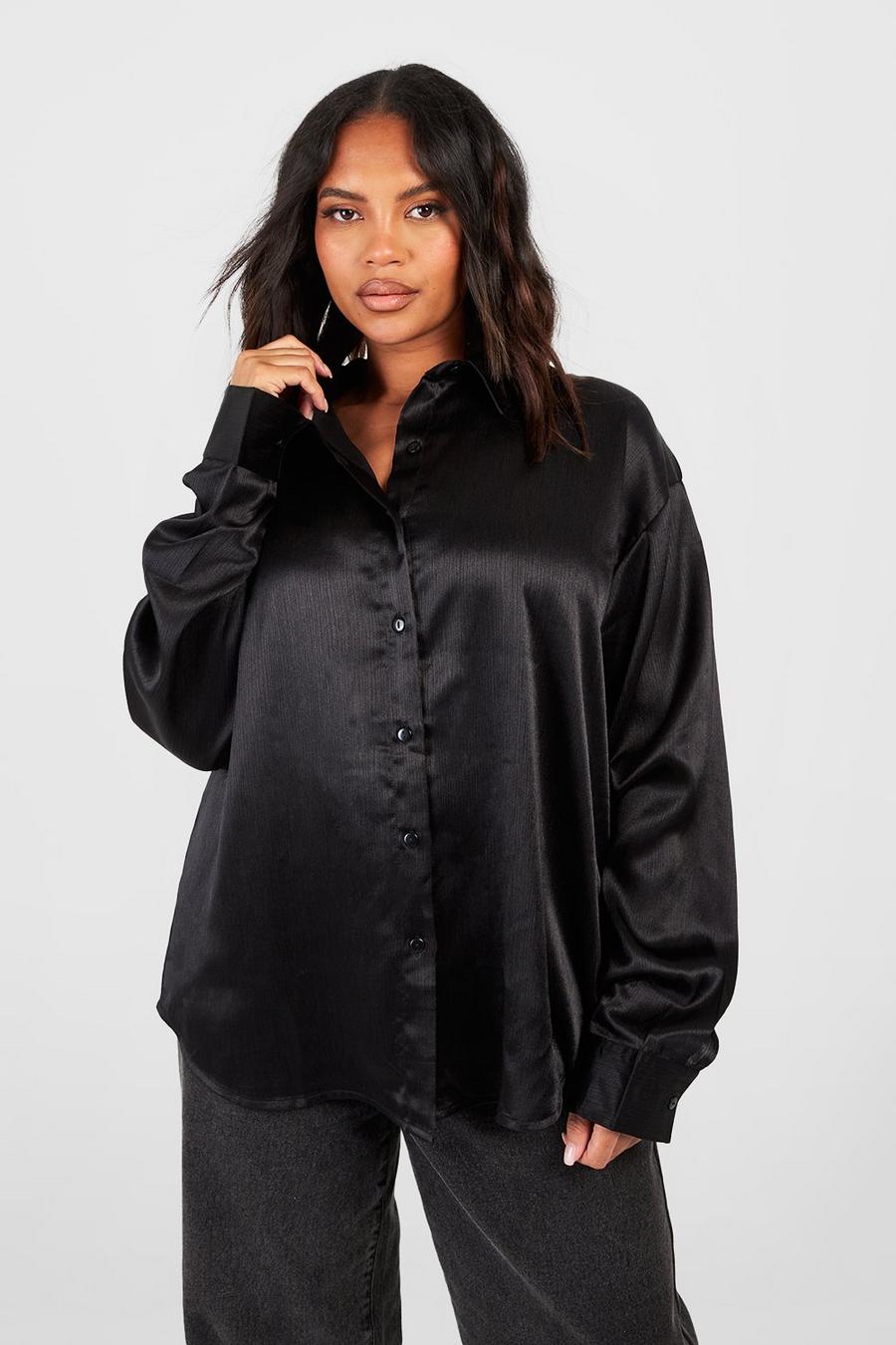 Camicia Plus Size oversize in raso con trama in rilievo, Black image number 1