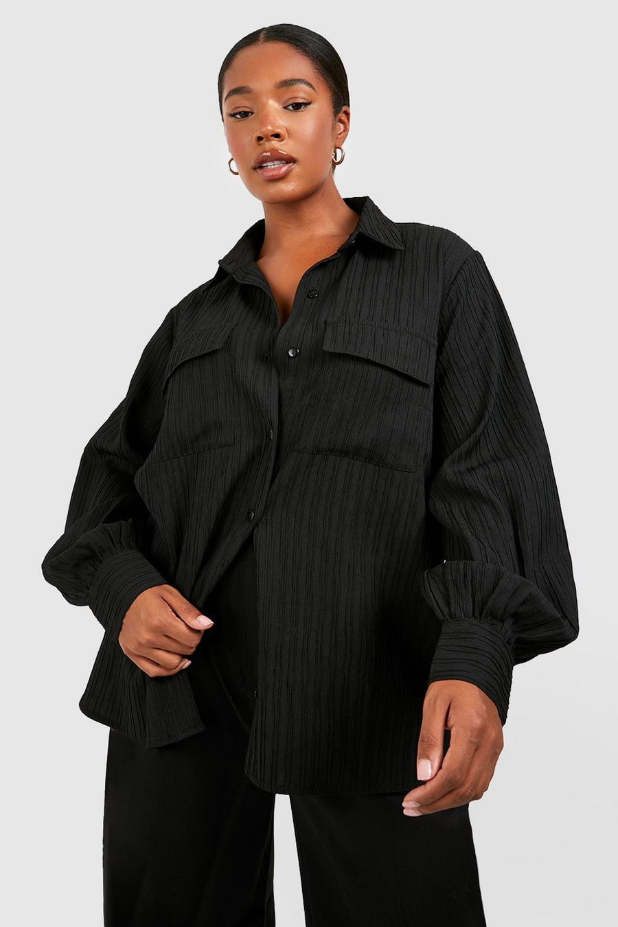 Camicia Plus Size oversize stile Utility con trama in rilievo, Black image number 1