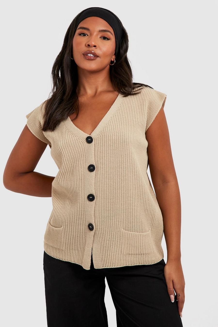 Grande taille - Gilet sans manches ample en maille, Stone image number 1