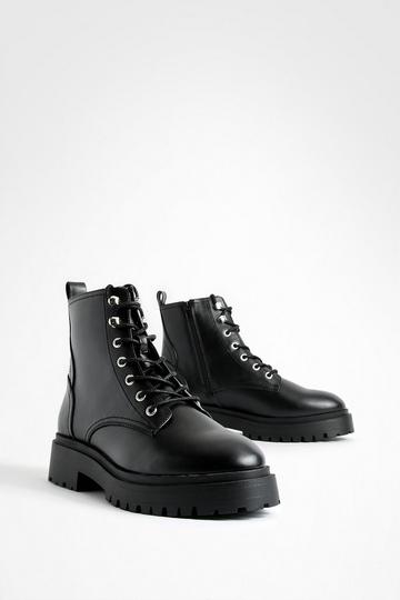 Black Wide Width Tab Detail Chunky Lace Up Combat Boots