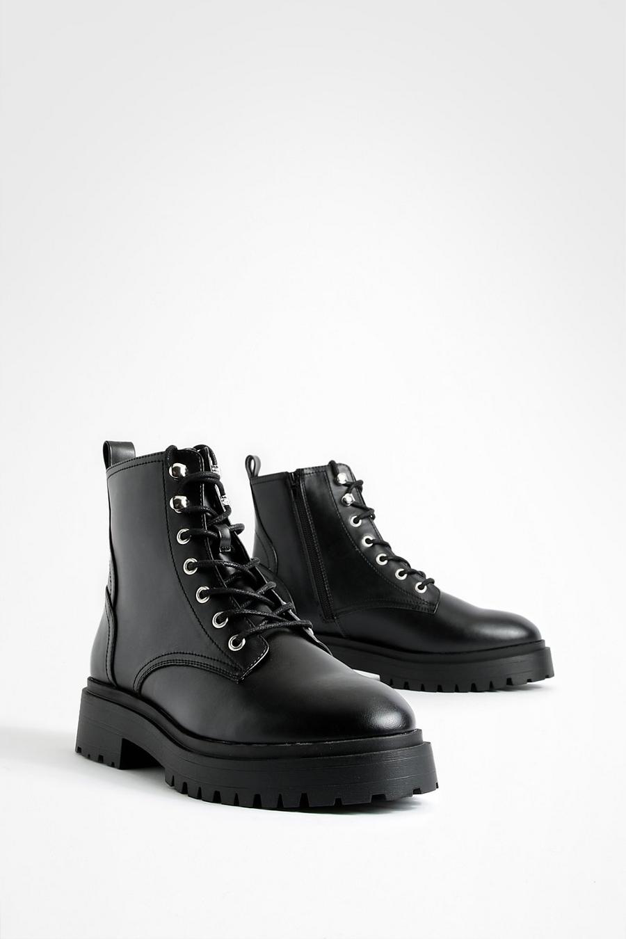 Black noir Wide Fit Tab Detail Chunky Lace Up Hiker Boots