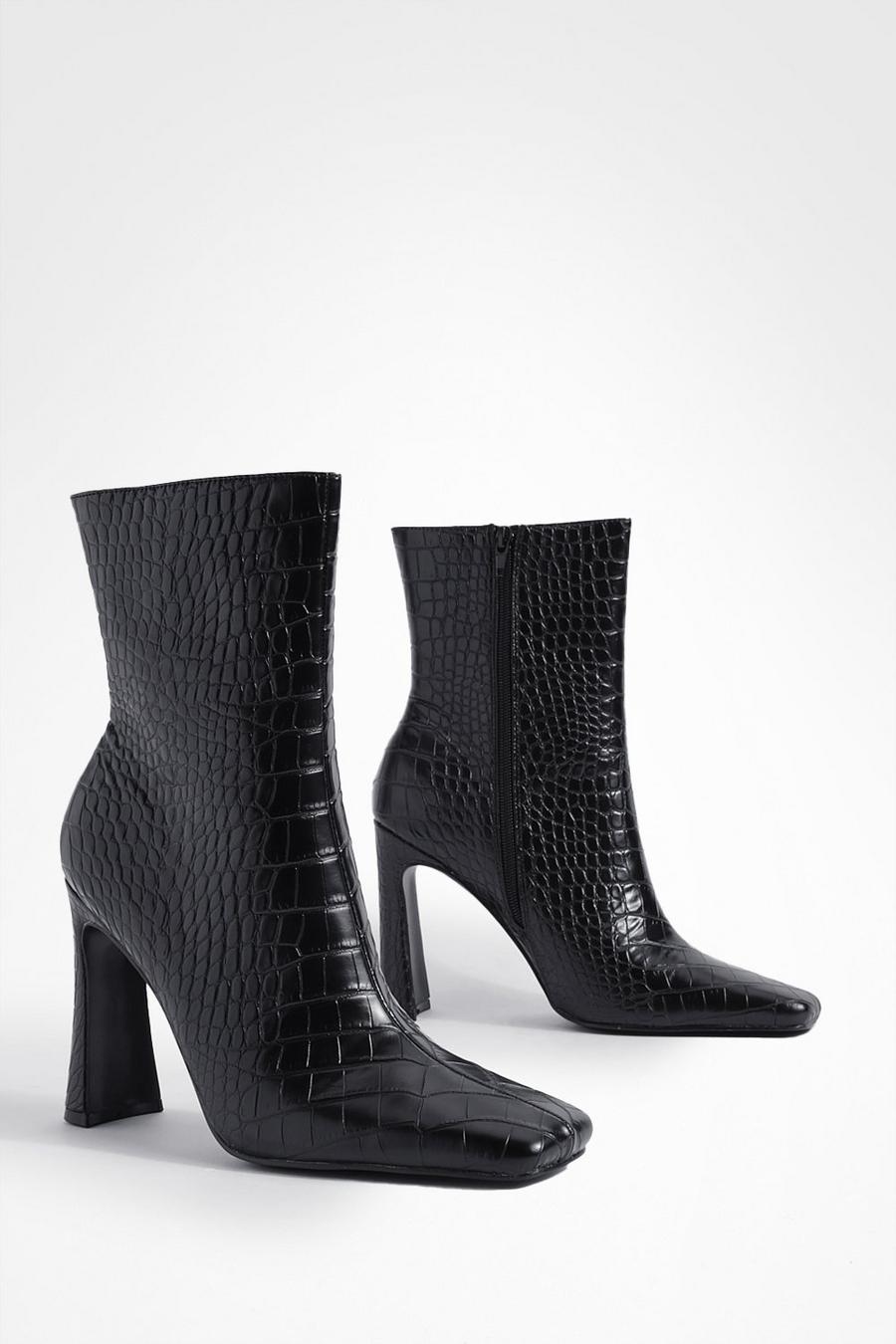 Black Flat Heel Square Toe Croc Ankle Boots