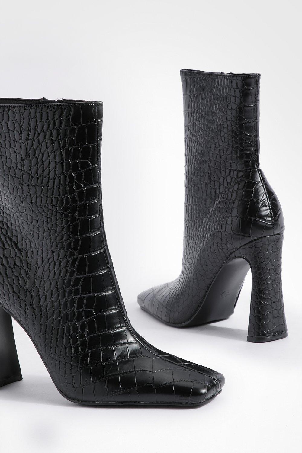 Black croc discount ankle boots flat